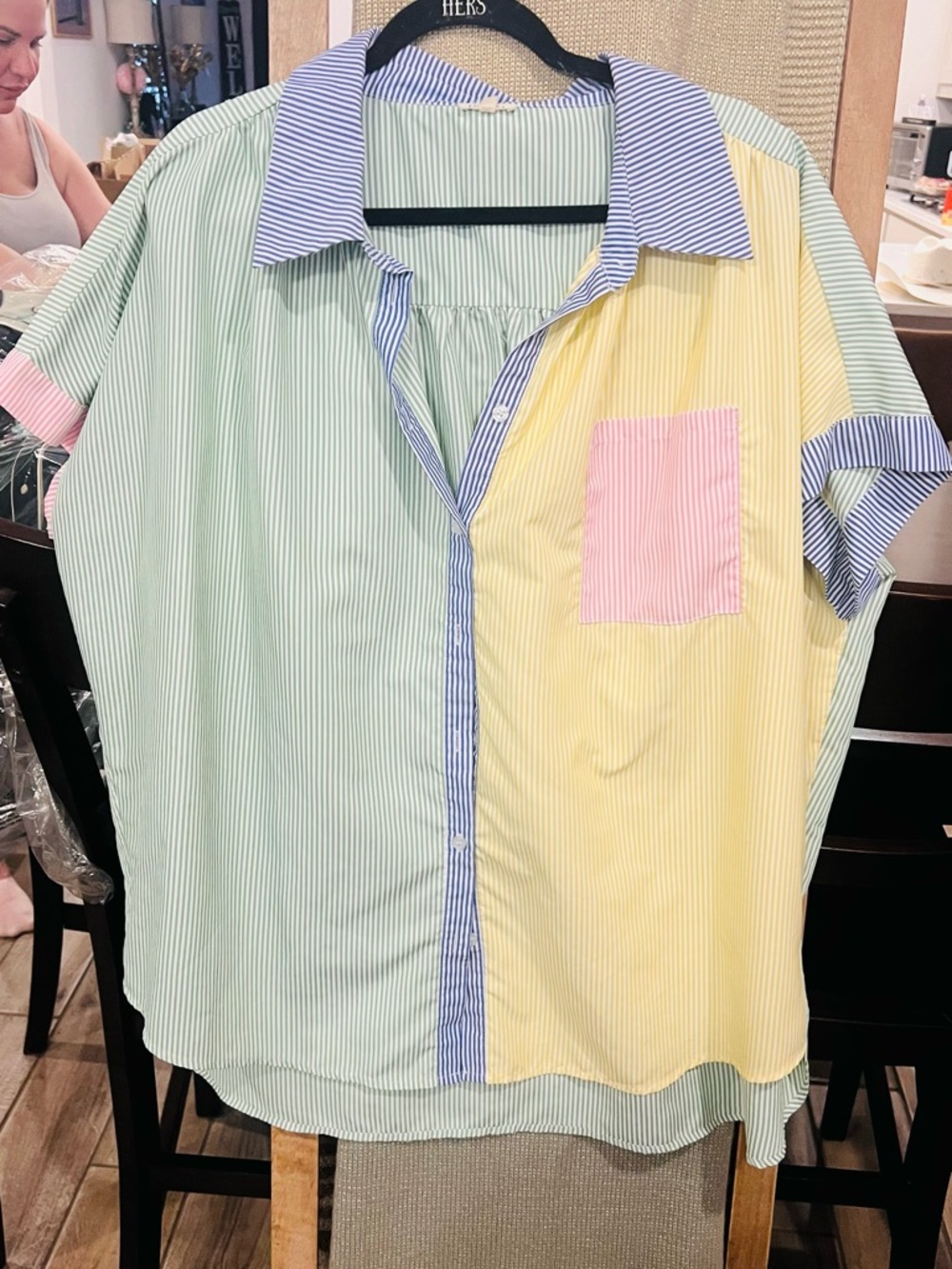 JODIFL Pastel Striped Button-Down Shirt in Mint, Yellow & Pink with Blue Trim
